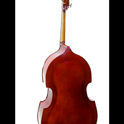 Contrabaixo acústico em madeira castanha com verniz brilhante e ferragens douradas no topo do braço