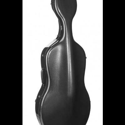 Estojo rígido preto para violoncelo com fechos metálicos prateados