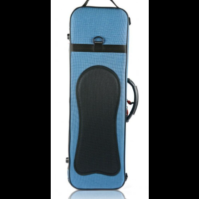 Estojo azul retangular com alças e detalhe acolchoado preto