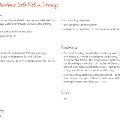Folheto com texto sobre cordas para violino Wondertone Solo Violin Strings