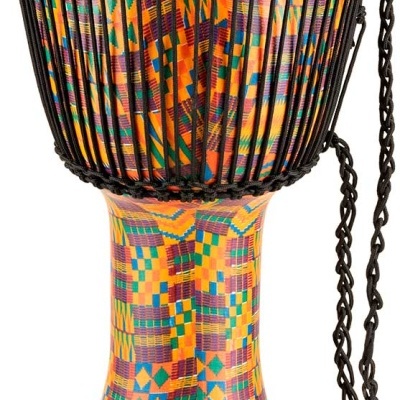 Djembé colorido com pele branca e cordas pretas
