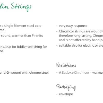 Texto descritivo sobre cordas de violino Chromcor, seus materiais e características.