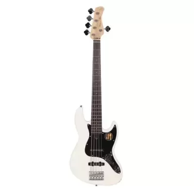 Baixo elétrico branco com braço castanho e pickguard preto isolado