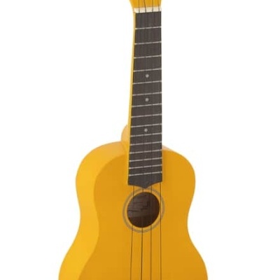Ukulele amarelo com braço escuro e cravelhas brancas