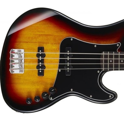 Parte de guitarra elétrica tipo basso com acabamento em degradê castanho e amarelo e captadores pretos