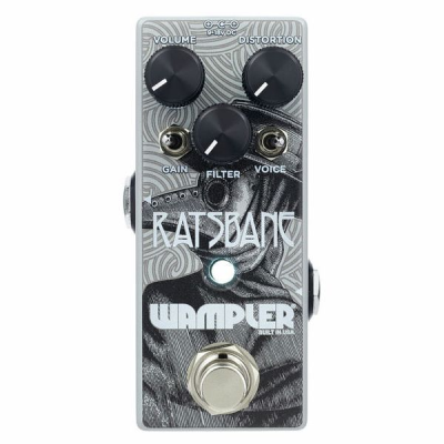 Pedal de efeitos para guitarra Wampler Ratsbane cinza com ilustração e botões pretos