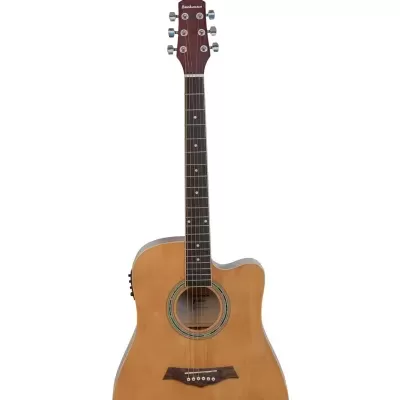 Guitarra acústica Beckman de madeira clara com detalhes coloridos e cravelhas prateadas.