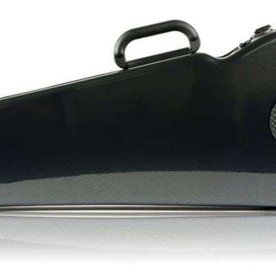 Estojo rígido preto para violino com alça e fechos metálicos.