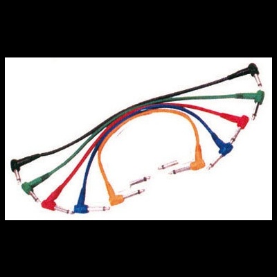 Cabo áudio com fichas jack 6,35 mm coloridas em ângulo e linha reta.