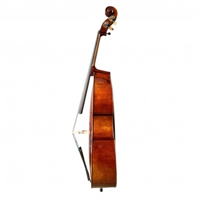 Violoncelo castanho com arco em fundo branco