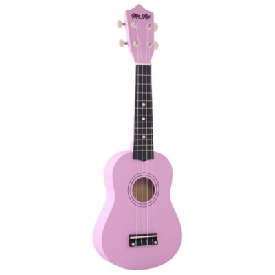 Ukulele rosa de madeira com quatro cordas e texto Mr. Rig