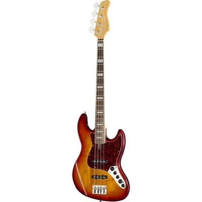 Guitarra elétrica castanha e vermelha com escudo tartaruga e marca SQUIER