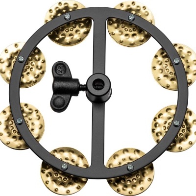 Pandeireta circular com discos metálicos dourados e estrutura preta