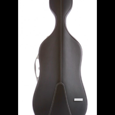 Estojo rígido preto para violoncelo com costuras claras e alça lateral