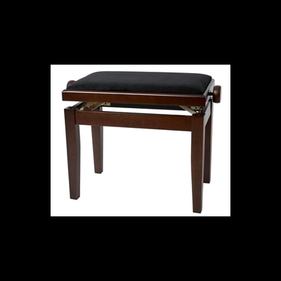 Banco de madeira escura com assento estofado preto e ajuste lateral