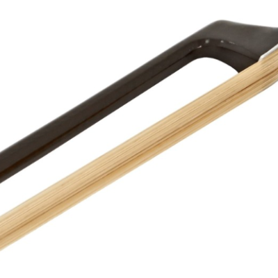 Arco de violino preto com crina clara e ponta de metal prateado