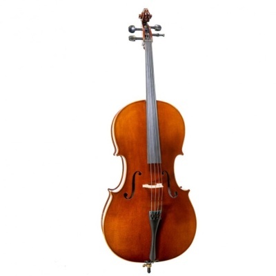 Violoncelo em madeira castanha com quatro cordas e cravelhas pretas