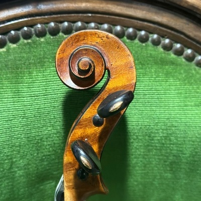 Espelho de viola em madeira castanha com cravelhas pretas e fundo verde com textura