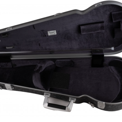 Estojo rígido para violino aberto com interior acolchoado preto e estrutura cinza