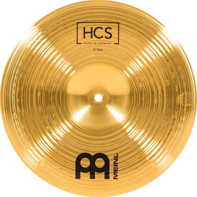 Prato de bateria dourado com textos preto MEINL e HCS