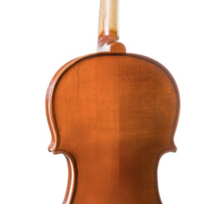Violino castanho de madeira visto de trás com cravelhas pretas