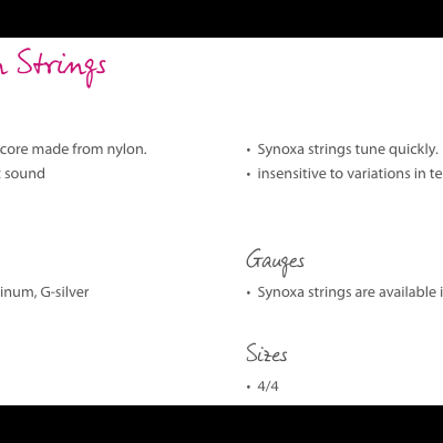 Descrição das características e especificações das cordas de violino Synoxa em texto rosa e preto sobre fundo branco