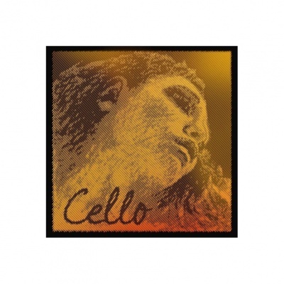 Produto quadrado com rosto feminino desenhado e texto 'Cello' em padrão laranja e preto