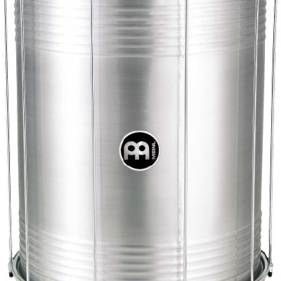 Tambor de percussão metálico prateado com peles pretas e etiquetas MEINL