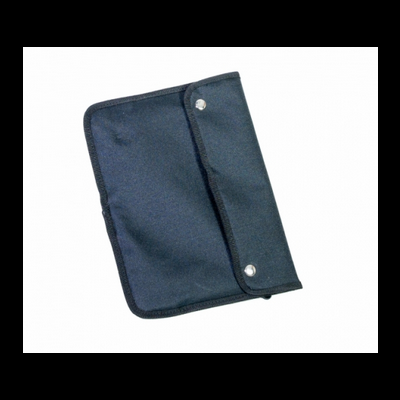 Carteira azul escuro em tecido com fecho de botão metálico