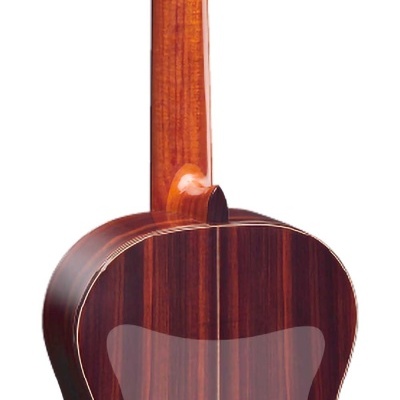 Guitarra clássica vista de trás com madeira escura e brilhante