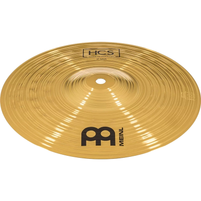 Prato de bateria splash dourado com texto HCS 10 Splash e logo MEINL