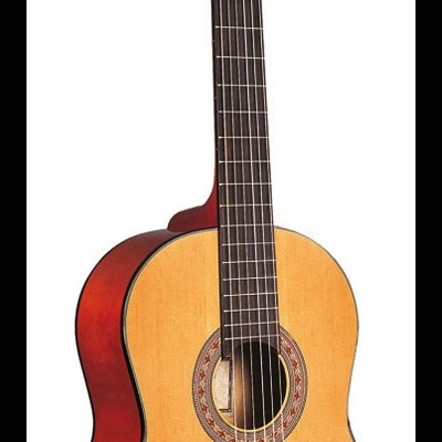 Guitarra clássica de madeira com corpo vermelho e tampo claro