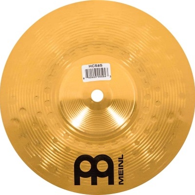Prato de bateria dourado Meinl com etiquetas e código de barras