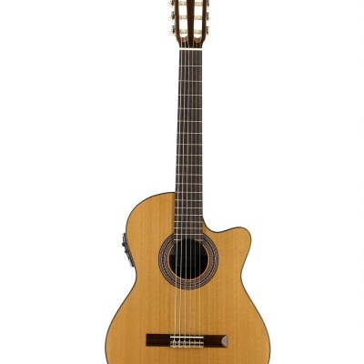Guitarra acústica de madeira clara com braço escuro e roseta decorativa