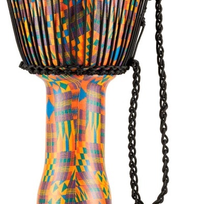 Tambor djembe colorido com padrão abstrato e corda preta trançada