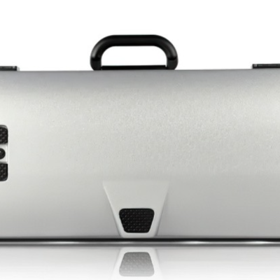 Estojo rígido branco para instrumento musical com alça preta e fechos metálicos