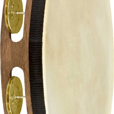 Pandeireta com armação em madeira, pele esticada e chapas metálicas douradas