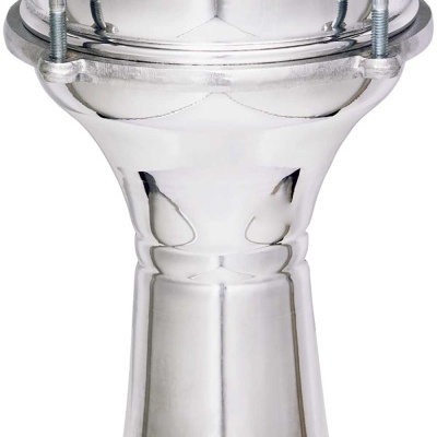 Tambor darbuka em metal prateado com pele branca e aro fixador