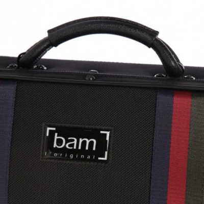 Estojo rígido para instrumento com tecido a rayas e etiqueta bam original