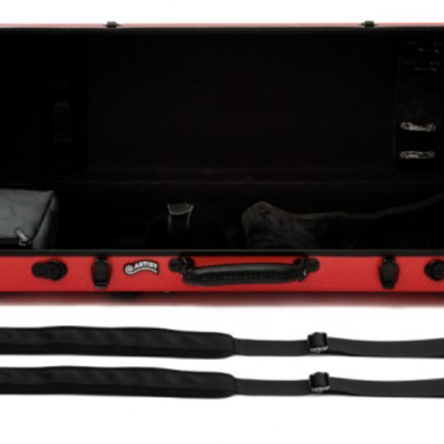 Estojo rígido de violino vermelho aberto com interior preto e duas correias pretas fora do estojo