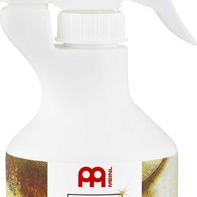 Frasco spray branco para polimento de pratos com rótulo dourado e texto