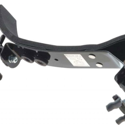 Suporte de metal preto com braçadeiras ajustáveis em fundo branco