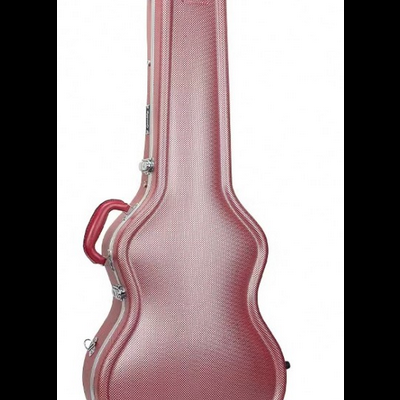 Estojo rígido rosa para guitarra com fechos metálicos e pega lateral.