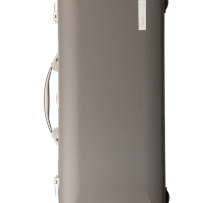 Mala de viagem rígida cinza com textura pontilhada e placa metálica LEXON