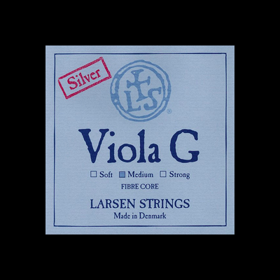 Embalagem azul claro de cordas Larsen Strings para viola G com texto em azul escuro e selo vermelho.