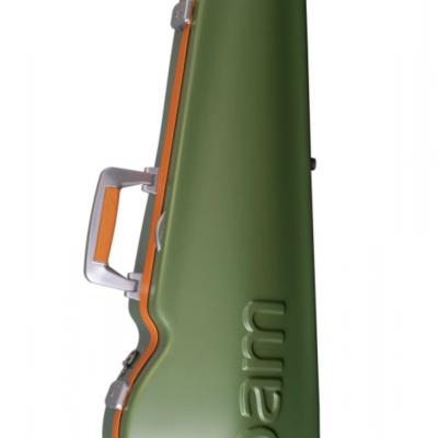 Estojo rígido verde oliva com detalhes laranja e fechos metálicos, marca bam em relevo.