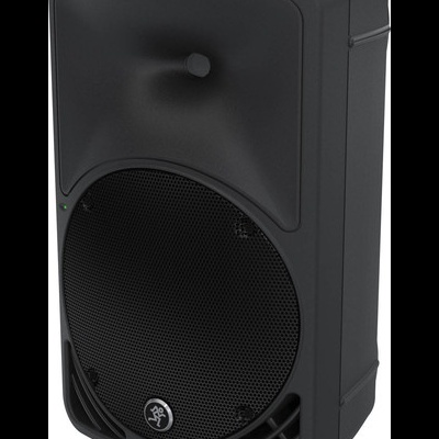 Coluna de som preta com grelha redonda e logotipo