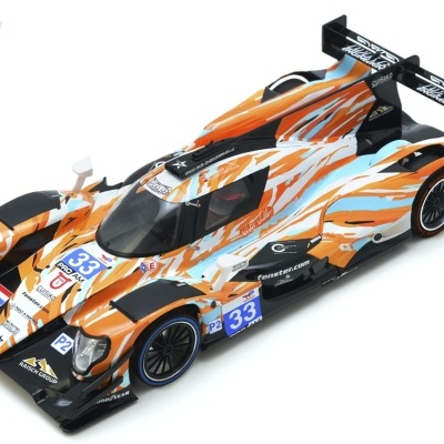 Carro de corrida LMP Oreca 07 em modelo detalhado com cores laranja, branco, azul e preto e número 33