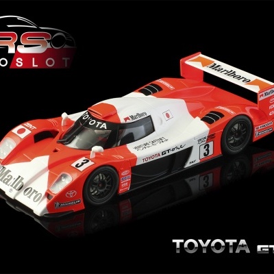Miniatura de carro de corrida Toyota GT-one vermelho e branco com marcas