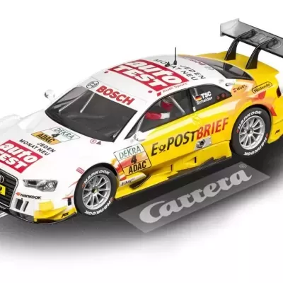 Carrinho de slot racing Audi DTM branco e amarelo com logos e asa preta